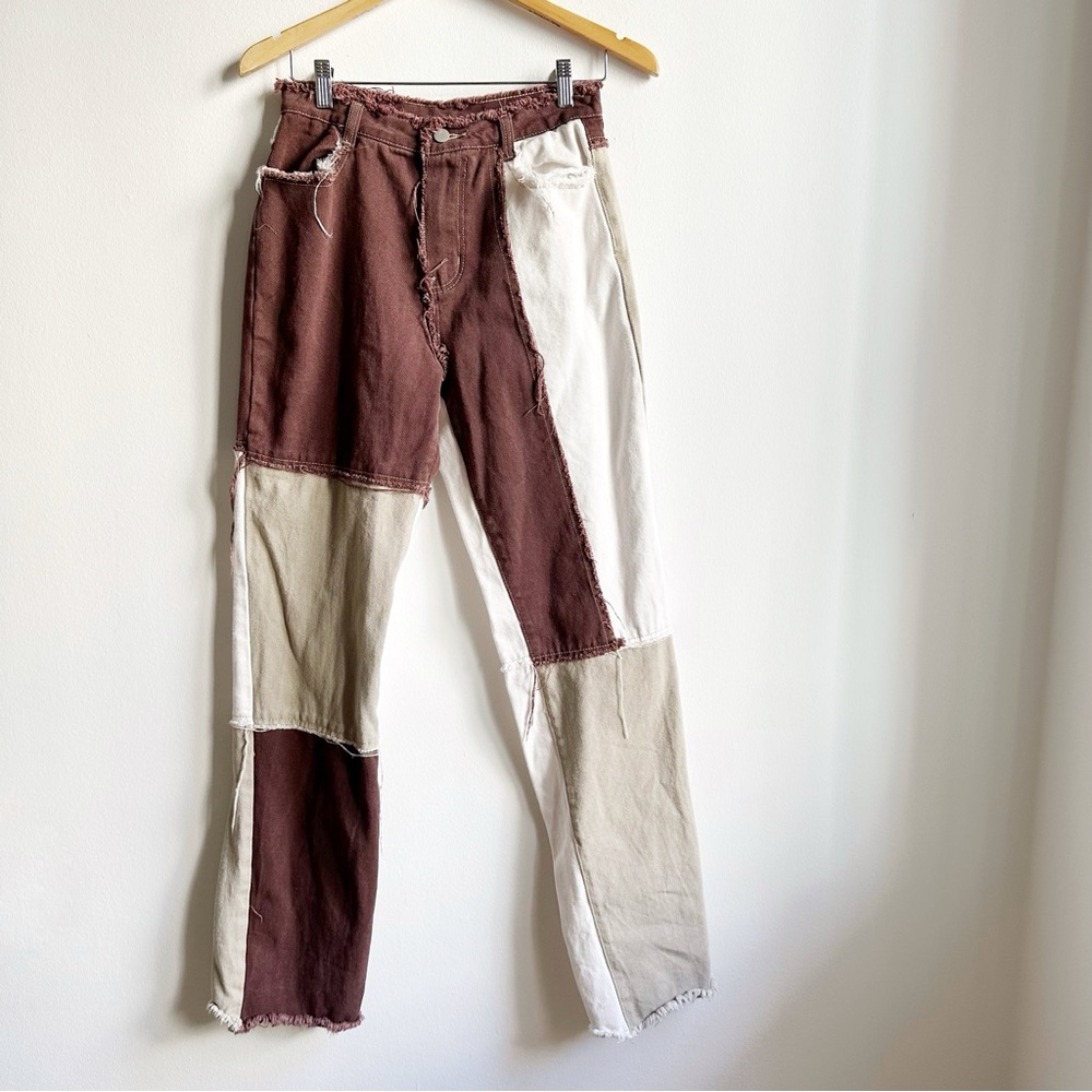 Patchwork SHEIN Denim Jeans Brown and Cream Pants 8